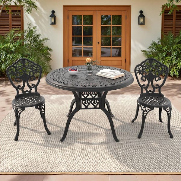 Willit Orchid Black 3-Piece of Cast Aluminum Outdoor Patio Dining Set with 39.37 in. Round Table and Armless Chairs