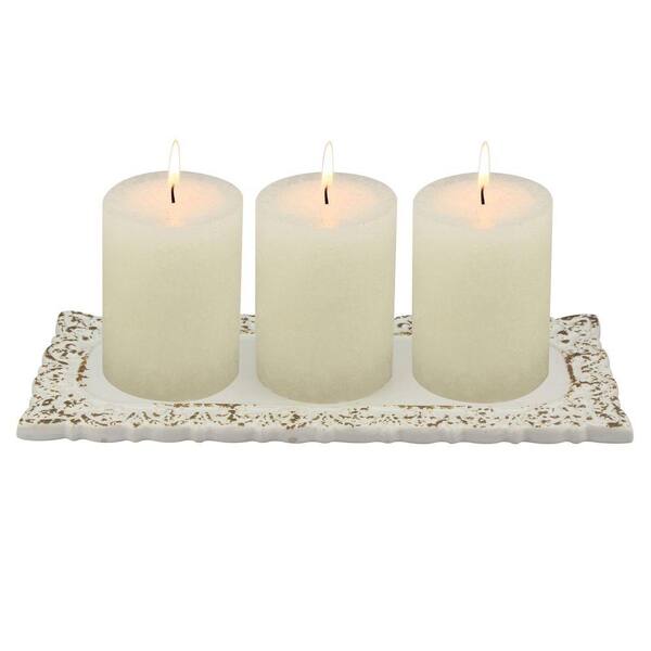 Stonebriar Collection 12.5 in. x 5 in. Worn White Ceramic Fleur-De-Lis Candle Plate