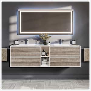 Vienna 75 in. W x 20.5 in. D x 22 in. H Floating Double Bathroom Vanity in Ash with Integrated Acrylic Top in White