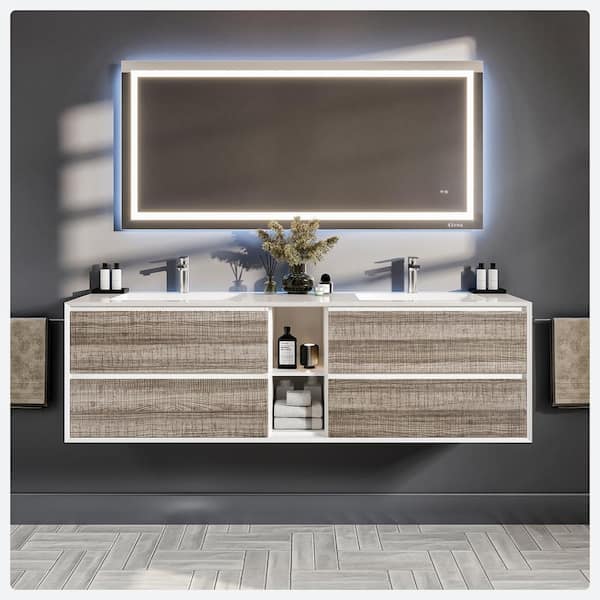 Eviva Vienna 75 in. W x 20.5 in. D x 22 in. H Floating Double Bathroom Vanity in Ash with Integrated Acrylic Top in White