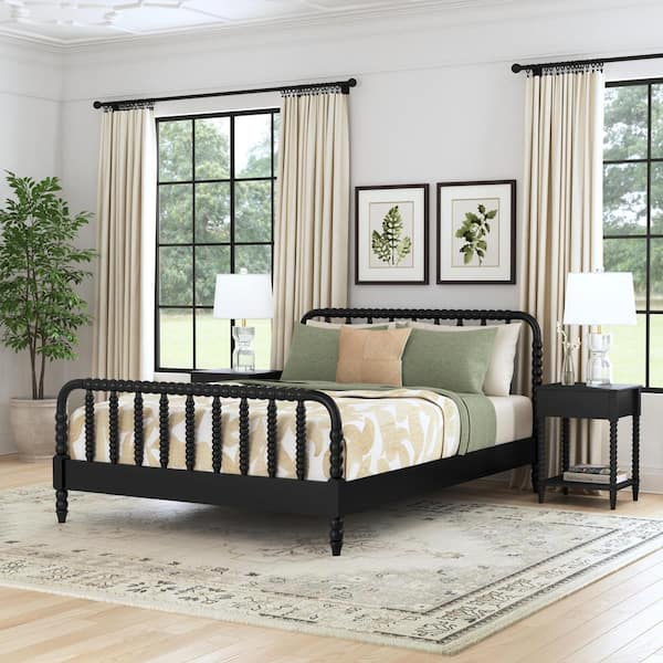HOMESTYLES Spindle Matte Black Wood Queen Bedroom Set with Bed and 2-Nightstands