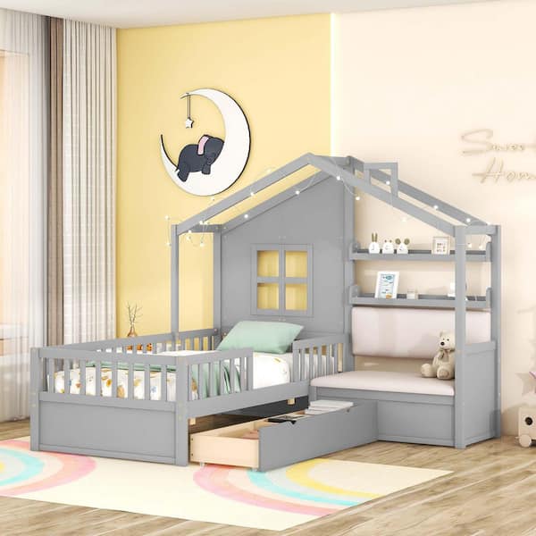 Gray Wood Frame Twin Size Platform Bed with Sofa, 2 Drawers and Storage Shelf