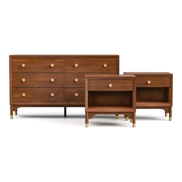 Forma 3-Piece Mid Century Walnut 1-Drawer 26 in. W Set of 2-Nightstands and Dresser