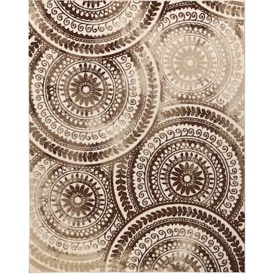 Spiral Medallion Ivory/Brown 9 ft. x 13 ft. Geometric Area Rug