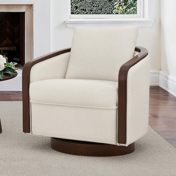 Dove Beige Fabric Swivel Accent Chair With Solid Wood Base Barrel Chair With Arms Set of 1