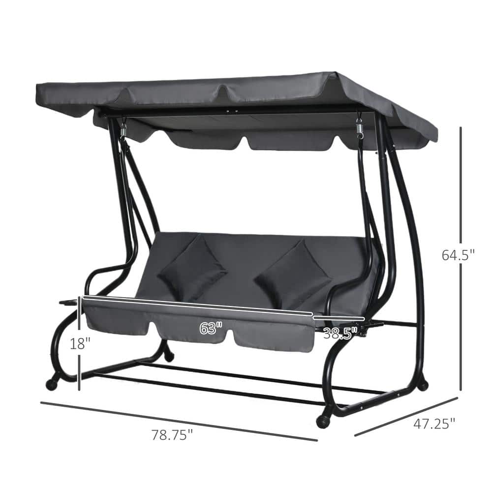 Gray Cushioned 3-Seat Outdoor Swing Bench with Canopy