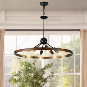 8-Light Walnut Retro Farmhouse Style Wagon Wheel Chandelier with No Bulbs Included