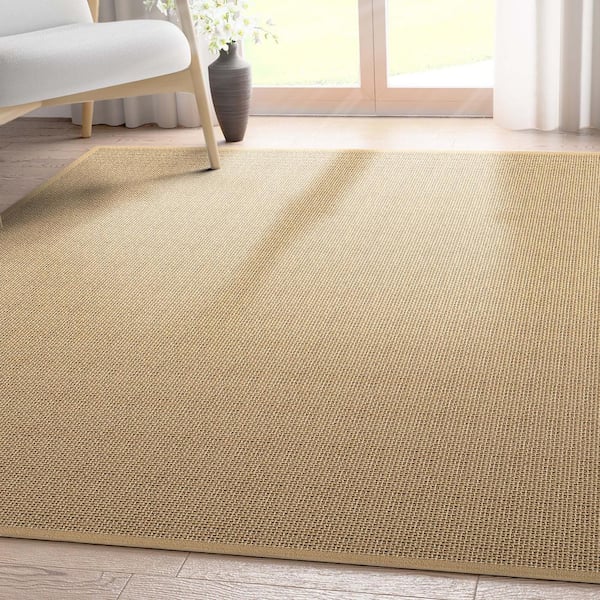 Beige 5 ft. x 7 ft. Flat-Weave Well-Jute Printed Shiba Farmohouse Solid Area Rug