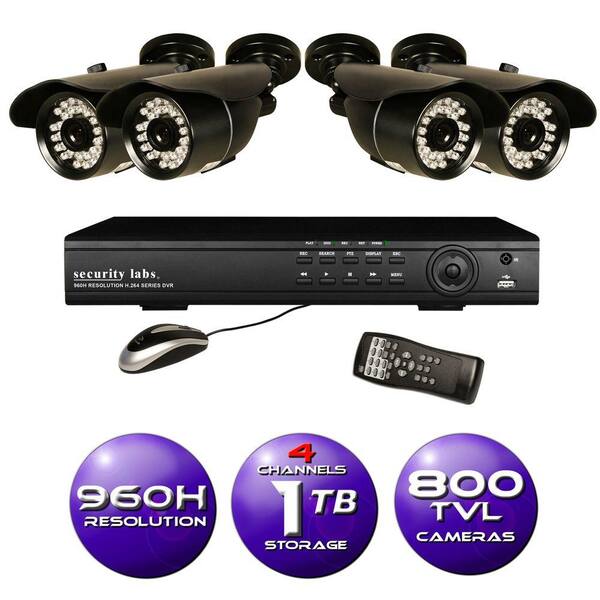 Security Labs 4-Channel 960H DVR Surveillance System with 500GB HD (4) 800TVL IR Bullet Cameras