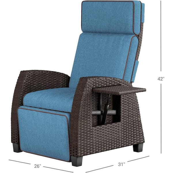 Unbranded Wicker patio Indoor and Outdoor Moor Lay Flat Recliner Lounge Chair with Flip Table Push Back and Blue Cushions