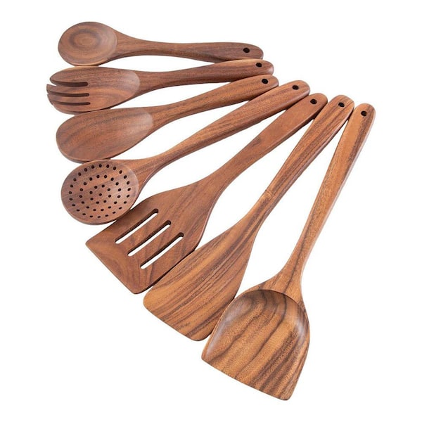Teak Finish Natural Wood Scratch Resistant Cooking Utensil Set with Ergonomic Grip for Nonstick Cookware 6-Pieces