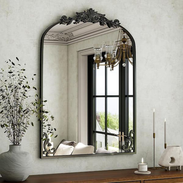 Black 24 in W x 36 in. H Metal Arched Bathroom Mirror, Wall-Mounted Mirror with Carved Metal Frame & Bottom Art Carved