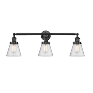 Cone 30 in. 3-Light Matte Black Vanity Light with Seedy Glass Shade