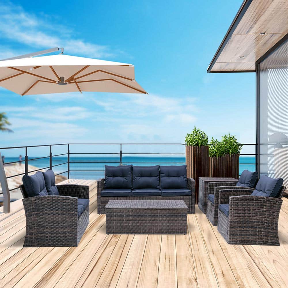 6-Piece Wicker Patio Conversation Set with Navy blue Cushions
