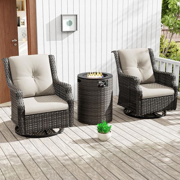 JOYSIDE 3-Piece Wicker Outdoor Patio Fire Pit Swivel Rocking Chair Set with Beige Cushions and Round Fire Pit Table