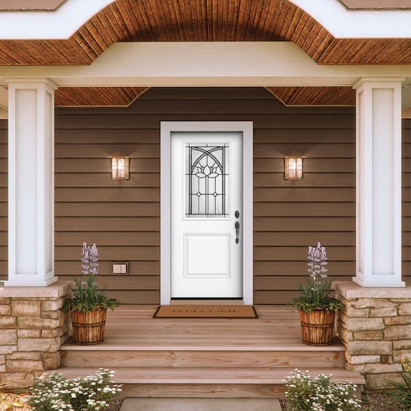 36 in. x 80 in. Left-Hand/Inswing 1/2 Lite Ardsley Decorative Glass Modern White Steel Prehung Front Door