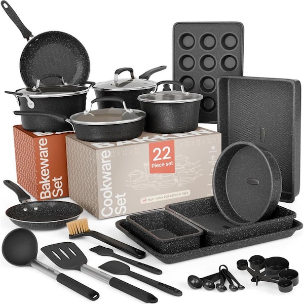 22-Piece Non Stick Cookware & Bakeware Sets, Dark Gray