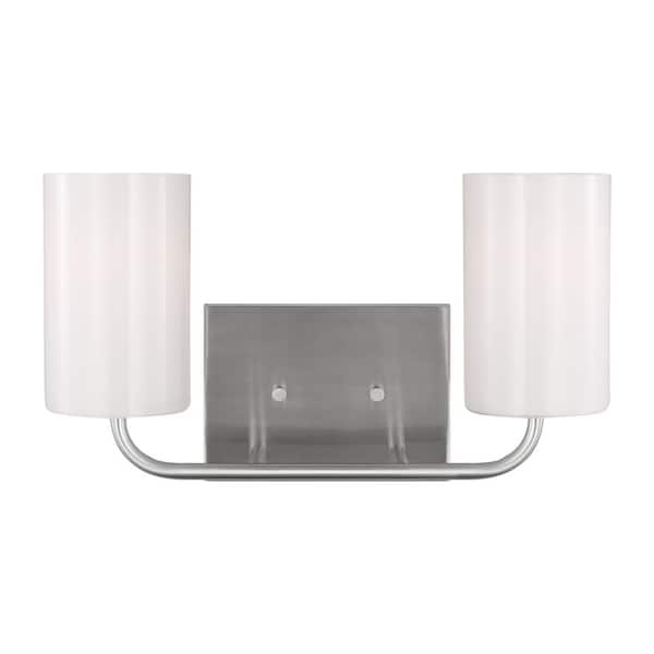 Generation Lighting Rhett 15 in. 2-Light Brushed Steel Medium Vanity Light with Clear/White Glass Shades