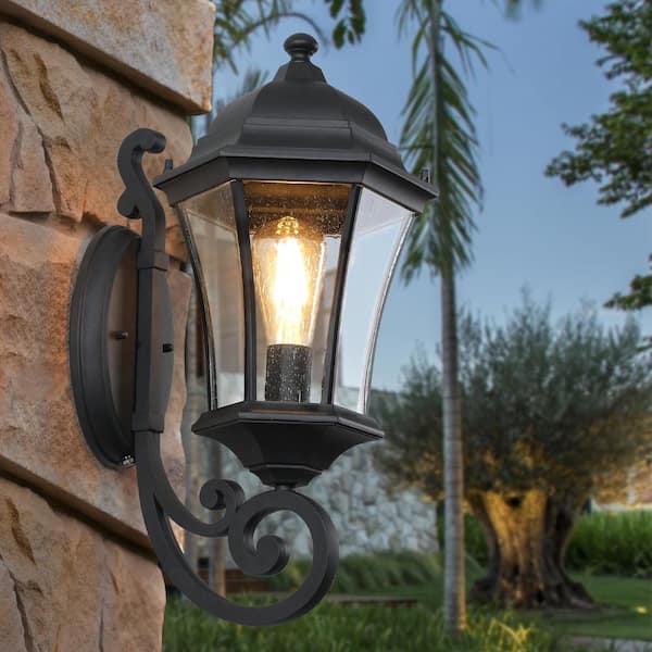 2-Pack Black Retro Wall Sconce with Light Sense, Waterproof Glass Outdoor Light (No Bulbs)