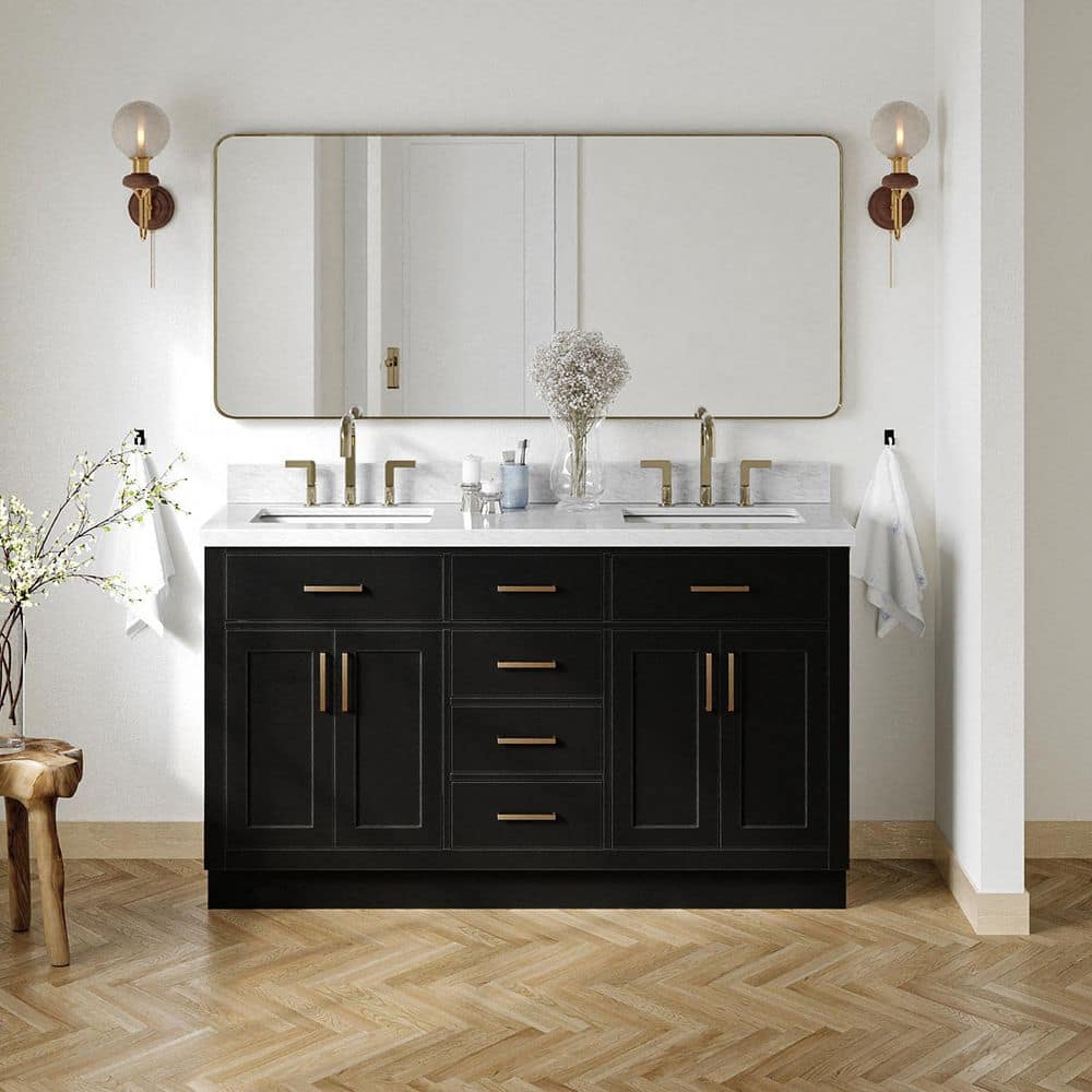 Hepburn 60 in. Double Sink Freestanding Bath Vanity in Black with Carrara White Marble Top & Sidesplash price history on PriceWatchPro