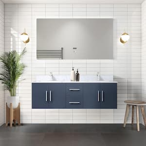 Geneva 60 in. W x 22 in. D Navy Blue Double Bath Vanity, Carrara Marble Top, Faucet Set and 60 in. LED Mirror
