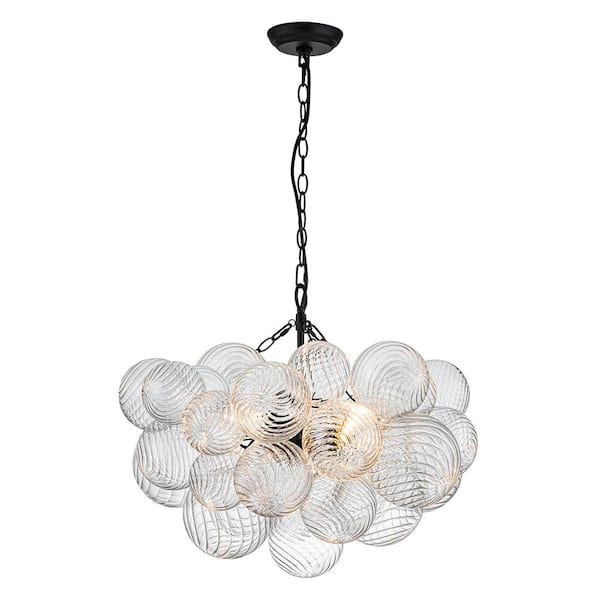 HUOKU Neuvy 3-Light 23.6 in. W Black Chandelier with Swirled-Glass