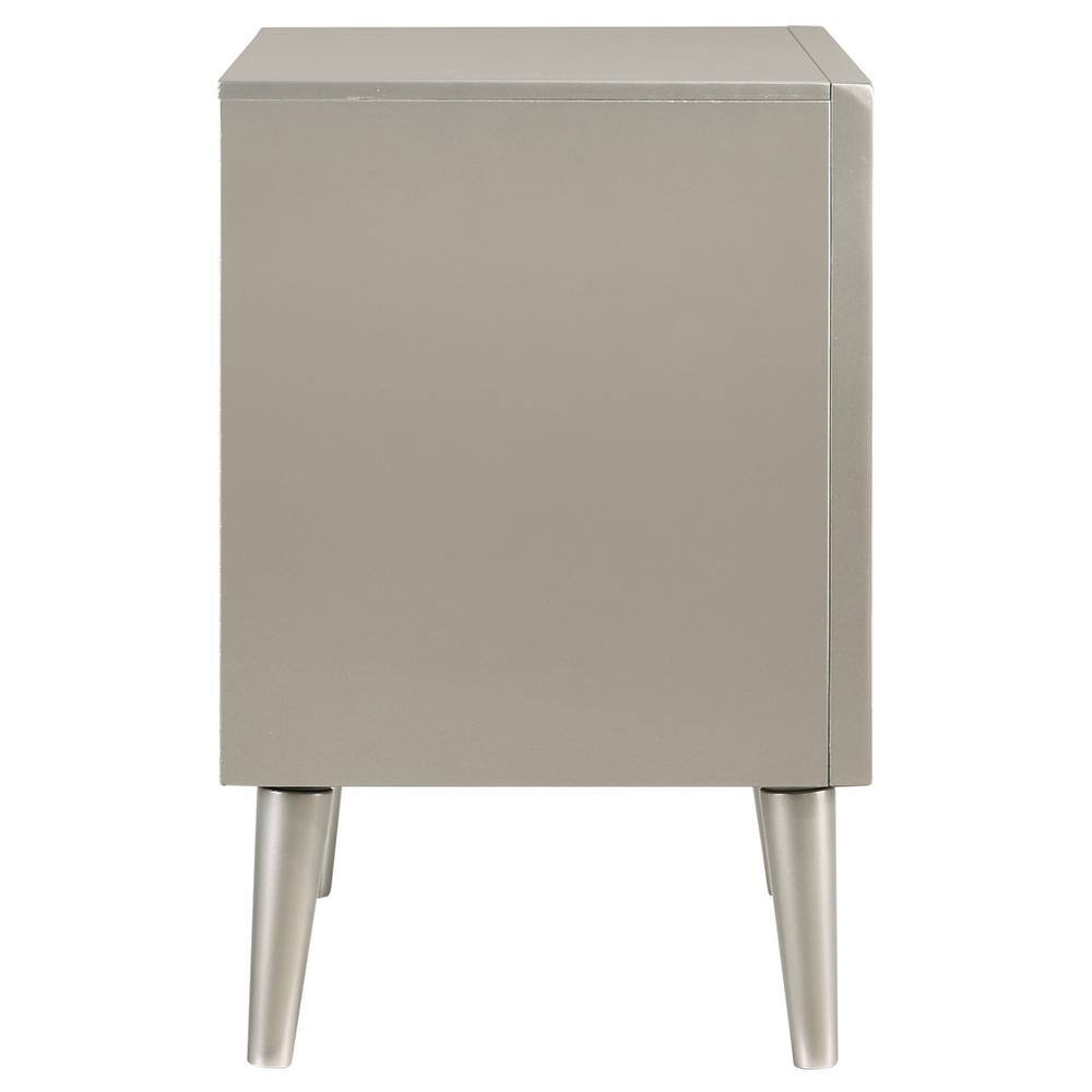 Elegant Transitional 2-Drawer Nightstand in Metallic Silver with Tapered Legs