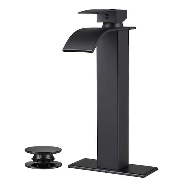 Waterfall Single-Handle Single Hole Bathroom Faucet with Deckplate Pop-up Drain Included and High-Body in Matte Black