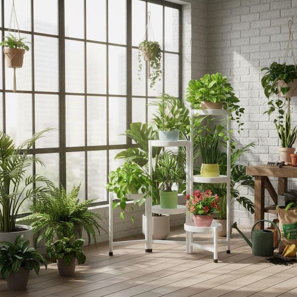 6-Tier White Iron Plant Stand, Indoor Outdoor Tall Flower Holder