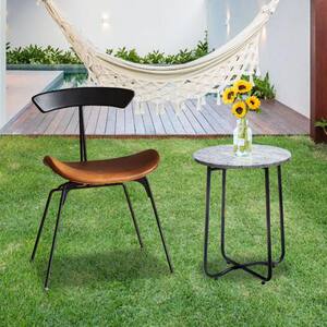 19.7 in. Black Steel Frame Marble Round Side Table for Garden, Porch, Beach and Backyard
