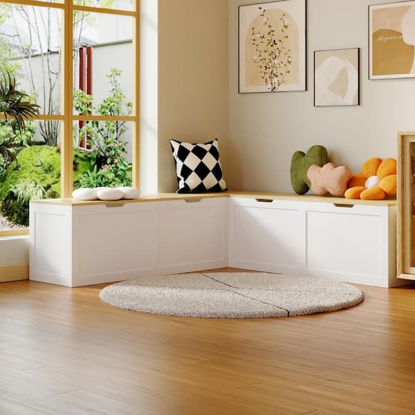 63 in. W x 17.7 in. H White and Wood Grain Wooden Shoe Storage Bench, Reading Corner Storage Bench with 2-Compartments