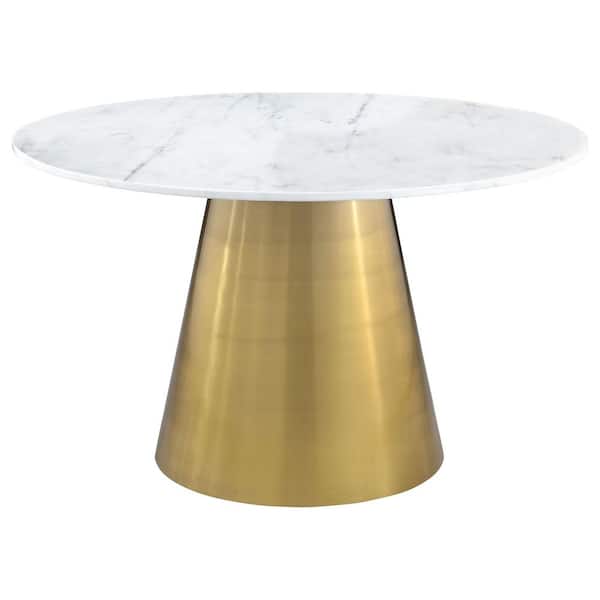 Coaster Ambrose Contemporary Brushed Gold Marble Top 50 in. Pedestal Base Round Dining Table Seats 4-6