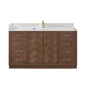 Jakarta 60 in.W x 22 in.D x 33.9 in.H Single Bath Vanity in Aged Dark Brown Oak with Silk White Quartz Stone Top