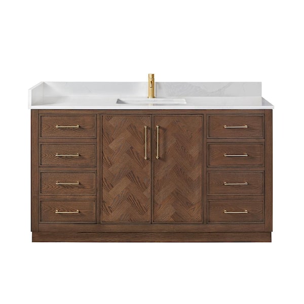 Jakarta 60 in.W x 22 in.D x 33.9 in.H Single Bath Vanity in Aged Dark Brown Oak with Silk White Quartz Stone Top