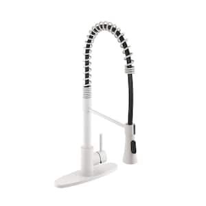 Single Handle Spring Standard Kitchen Faucet with Dual-Function Sprayhead and Deck Plate, in Matte White
