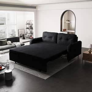 Tufted Button Convertible 66.2 in. Black Velvet Full Size Sofa Bed with Storage Side Pockets and Hydraulic System