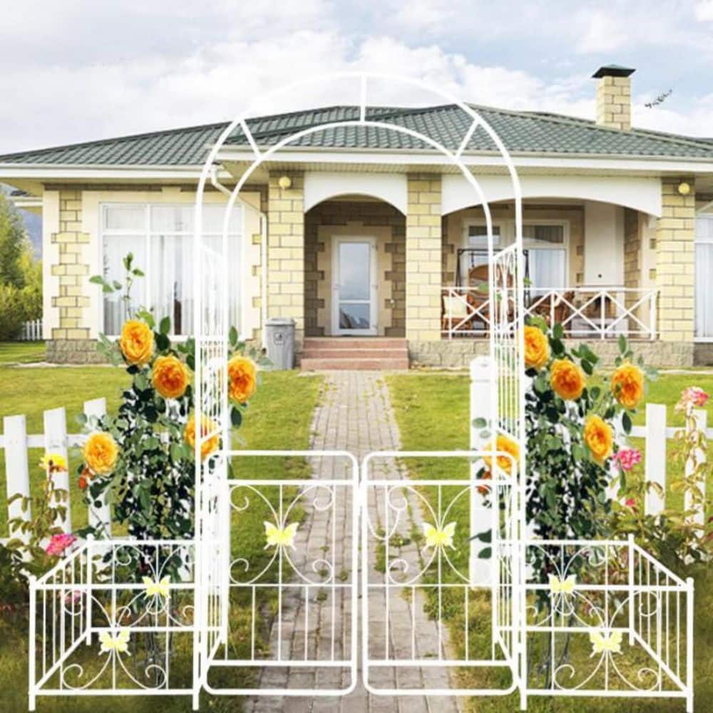 79.5 in. x 86.6 in. Metal Garden Arbor with Gate Climbing Plants Support Ro
