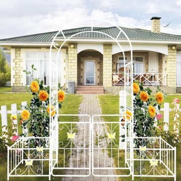 Unbranded 79.5 in. x 86.6 in. Metal Garden Arbor with Gate Climbing Plants Support Rose Arch Outdoor Creamy White for Backyard