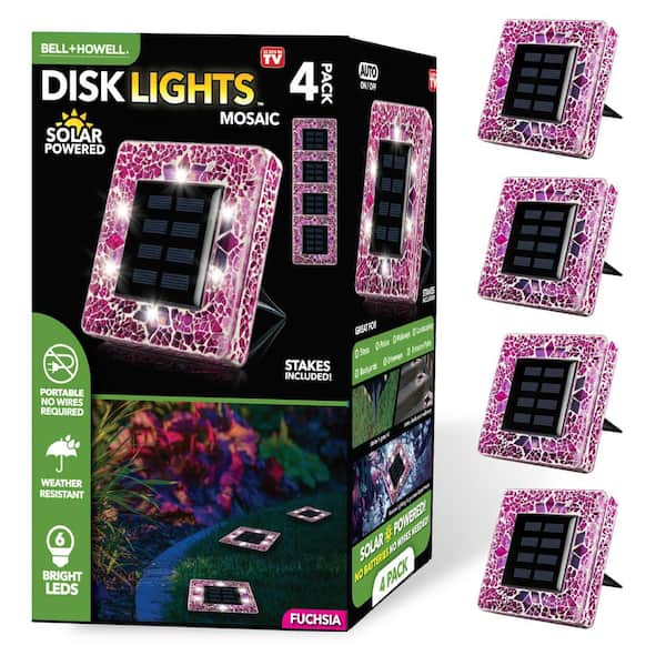 Mosaic Disk Lights Pink Solar Powered LED Waterproof Square Path Light (4-Pack)