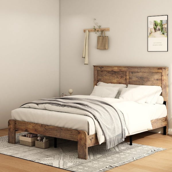 Rustic Farmhouse Brown Wood + Metal Frame King Size Platform Bed