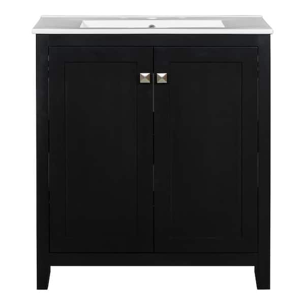 Polibi 30 in. W Single Sink Freestanding Bath Vanity in Black with White Ceramic Top, 2 Doors and 2 Drawers