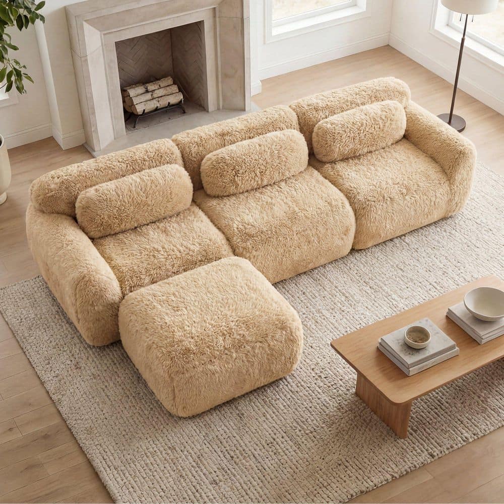 114.7 in. Track Arm 4-Piece Polyester Modular Sectional Sofa with Armrests in Light Khaki