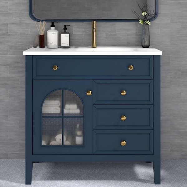 Ziyudura 36 in. Single Sink Freestanding Blue Bath Vanity with White Ceramic Top, Motion-sensor Light, Drawers BATH-90AF-GR-J Ziyudura 36 in. Single Sink Freestanding Blue Bath Vanity with White Ceramic Top, Motion-sensor Light, Drawers BATH-90AF-GR-J