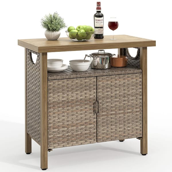 35 in. W x 19.7 in. D x 35.4 in. H Brown Wicker Outdoor Storage Cabinet