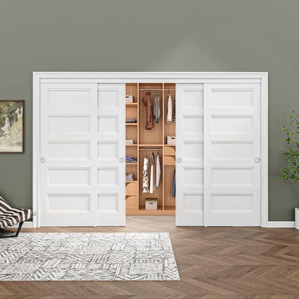 120 in. x 80 in. Paneled 5-Lite White Primed MDF Composite Sliding Door with Hardware