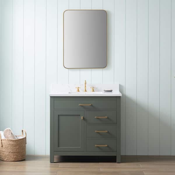 SUDIO Jasper 36 in. W x 22 in. D Bath Vanity in Vintage Green with Engineered Stone Vanity in Carrara White with White Sink