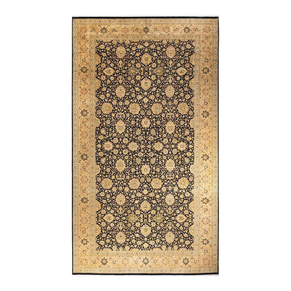 Hand-Knotted Black and Beige Wool Oriental 10' x 14' Rug