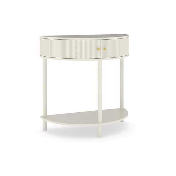 31.50 in. W 32.30 in. H x 15.75 in. D Wood Half Round Shelf in Cream White with 2 Storage Drawers and Bottom Shelf