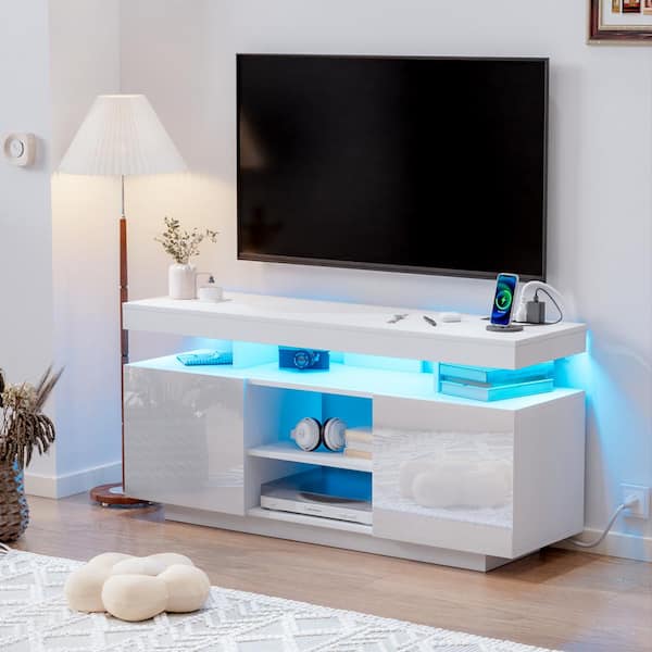 Hommpa 47.24 in. Modern White TV Stand Fits TVs up to 55 in. with Outlets and RGB LED Light Strip