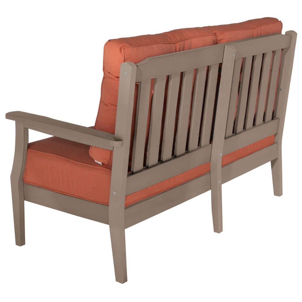 Back view of Highwood Lehigh Woodland Brown outdoor loveseat with persimmon cushions